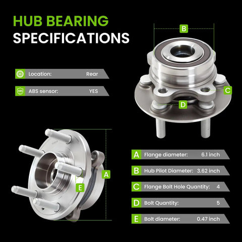 Road Ready 5 Lug Front Rear Wheel Bearing And Hub Assembly Set With Built In Abs Sensor for Ford, detailed hub bearing specifications image.