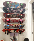 Hella Sturdy Skateboard Wall Mount With Six Tier Display Rack To Store Longboards Skis And Snowboards While Keeping Your Fly Deck Collection Tightly Organized And Ready For The Next Send, holding six colorful skateboards.