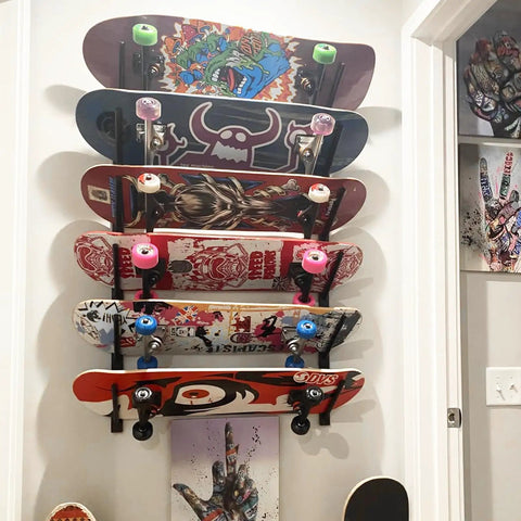 Hella Sturdy Skateboard Wall Mount With Six Tier Display Rack To Store Longboards Skis And Snowboards While Keeping Your Fly Deck Collection Tightly Organized And Ready For The Next Send, holding six colorful skateboards.