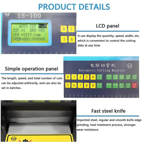 Automatic Heat Shrink Tube Cutter Machine control panel, LCD, and steel knife details, 100 mm cutting width, adjustable length.