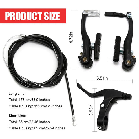 All In One Bike Brake Set With Calipers, Levers, Cables, Black Aluminum Alloy Handlebars, Product Size Dimensions Shown