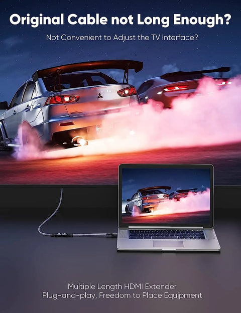 Boost Your Setup With Smooth 8K Output And Glitch Free 4K Gaming Via Zero Latency HDMI 2.1 Male To Female Extension Cable plugged into a laptop.