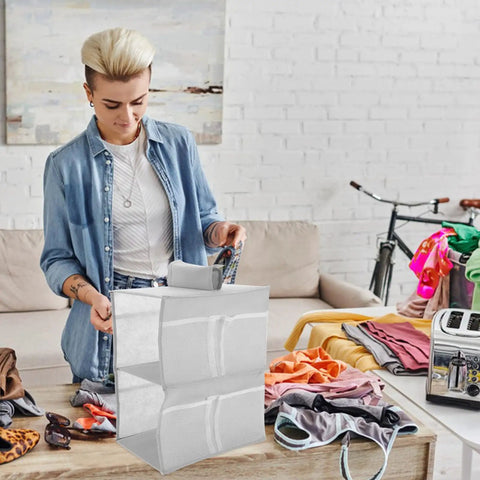 Layered Hanging Storage Bag Slick Nonwoven Closet Organizer With Roomy Pockets Low Key, stacking clothes and accessories, stylish design.