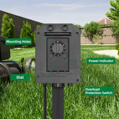 Heavy Hitter Outdoor Power Strip Timer With Dusk To Dawn Light Sensor, Waterproof Six Outlet Extension Cord, detailed view of mounted timer with dial and power indicator.