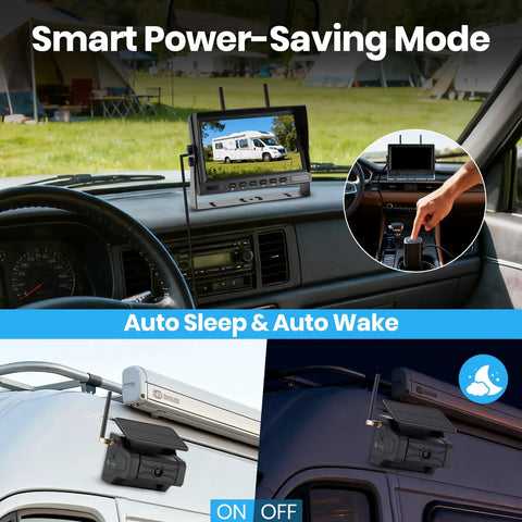 Hustle Free Magnetic Solar Wireless Backup Camera With Seven Inch HD Split Screen Monitor in an RV interior showing auto sleep mode.