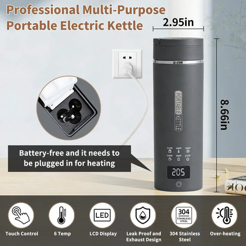 Travel Electric Kettle With 6 Temperature Presets, LCD Display, 304 Stainless Steel, 450ml Capacity, Auto Shutoff And Boil Dry Protection, Ultra Compact Portable Kettle For Home Or Travel Gray