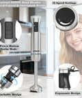 Kickass Handheld Immersion Blender With 1000W Brushless Motor And 11 Speeds Anti Splash Design showcasing power button and speed settings.
