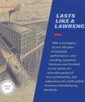 Illustration of Lawrence Hardware building in Sterling, Illinois 1913 with brand slogan and history description.