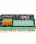 Makers Market Essentials Delivering Three Hundred Drop Dead Reliable Cbb22 Capacitor Build Packs Covering Thirty Rock Solid Voltage Tiers Between 100V And 250V With Radial Lead Hooks For Stress Free Wiring, packaged in a clear case.