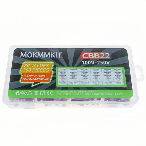 Makers Market Essentials Delivering Three Hundred Drop Dead Reliable Cbb22 Capacitor Build Packs Covering Thirty Rock Solid Voltage Tiers Between 100V And 250V With Radial Lead Hooks For Stress Free Wiring, packaged in a clear case.
