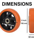 Six Inch Caster Replacement Wheels Four Pack Orange Heavy Duty Polyurethane With Hardened Steel Core Non Marking Tread side and top views with dimensions