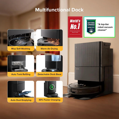 Multifunctional dock for robot vacuum and mop; black unit with self-wash mop and warm-air drying