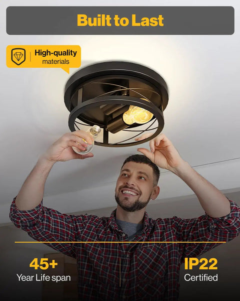 Man installing Dope Matte Black Industrial Flush Mount Ceiling Light Fixture With E26 Base, Wide Cage Design.