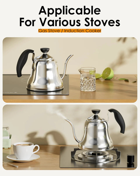 Gooseneck Pour Over Kettle With Flow Control For Stovetop Brew, Stainless Steel Teapot For Home And Kitchen on various stoves