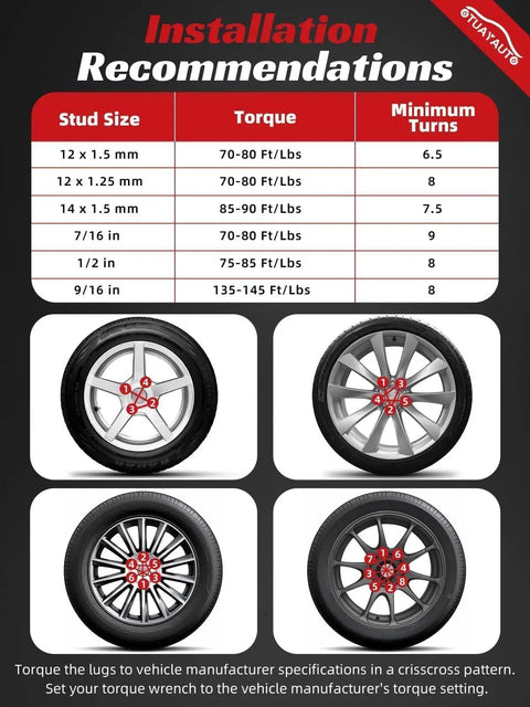 Installation recommendations for Hella Tough Heavy Duty M14x1.5 Black Spline Lug Nuts 24 Piece Set with torque specs and wheel diagrams.
