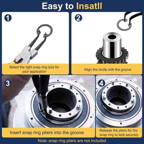Kickass 25Mm Id E Clip Internal Retaining Rings 20 Piece installation guide using pliers and snap ring for automotive use.