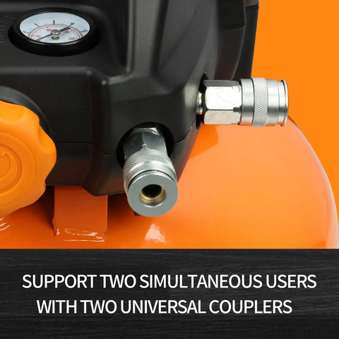 Built Like A Bulldog Six Gallon Pancake Air Compressor With Dual Quick Connect Couplers showing dual couplers for simultaneous use.