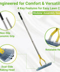 15 Inch Dethatching Rake For Lawn With Dual Edge Steel Head, Yard Workhorse Adjustable Metal Handle, Non Slip Sponge Grip