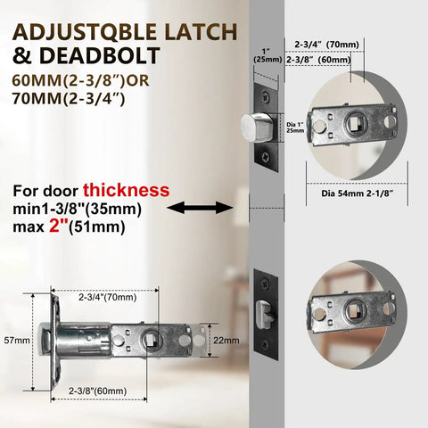 Diagram showing adjustable latch and deadbolt for Oil Rubbed Bronze Front Door Handleset, compatible with standard US doors.