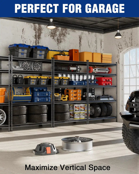 Built Tough Five Tier Heavy Duty Metal Shelving Unit With 4000 Lb Capacity, Adjustable Modular Rack For Garage Basement And Workshop Zero Hassle Organization filled with tools and tires in a garage setting.