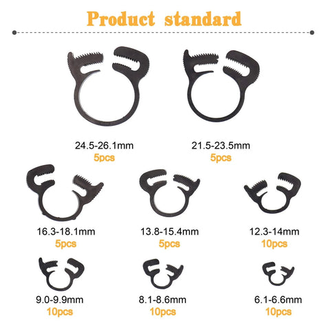 56-Pcs Heavy Duty Nylon Hose Clamps Assortment With Double Snap Grip showing various sizes and counts from 6.1-26.1mm