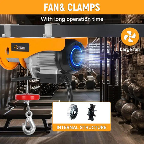Heavy Duty Electric Hoist Providing 550 Pound Lifting Capacity And Powerful 560 Watt Motor with large fan and clamp for shop use.