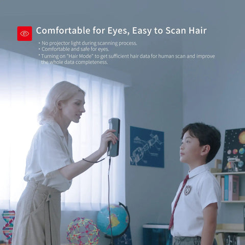 Premium EinStar Handheld 3D Scanner With 3Dconnexion SpaceMouse Bundle in use scanning a child's hair during a demonstration.