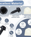 Image showing 8 Pack License Plate Fasteners with Nylon Inserts, rustproof stainless steel screws and features, highlighting materials and benefits.