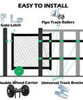 Diagram of Real Deal 6 Inch Double Wheel Carrier Wall Mount Sliding Gate Hardware Kit with gate latch and track components.
