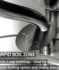 Close-up of Gooseneck Electric Kettle 1L 1500W for Pour Over Coffee and Tea, Stainless Steel BPA Free Water Boiler with 1 cup markings.