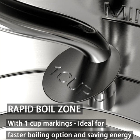 Close-up of Gooseneck Electric Kettle 1L 1500W for Pour Over Coffee and Tea, Stainless Steel BPA Free Water Boiler with 1 cup markings.
