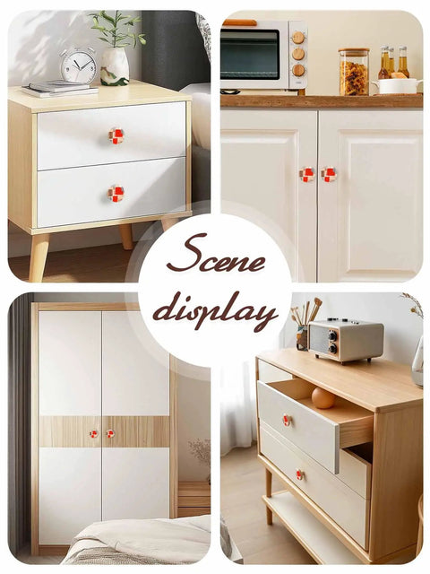 Gonna Level Up Your Cabinetry With These Knockout Beech Wood Cabinet Knobs Set Of Two 1.4 Inch Round Drawer Pulls Sporting Killer Red Painted Abstract Finish And Ridiculously Smooth Action displayed on furniture.