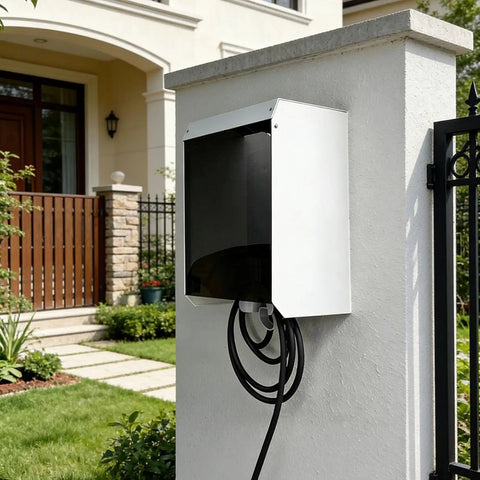 Badass Wall Mounted EV Charger Guard, All Weather Kickin Shield For Outdoor Electric Vehicle Stations, rust-free cover on driveway wall.
