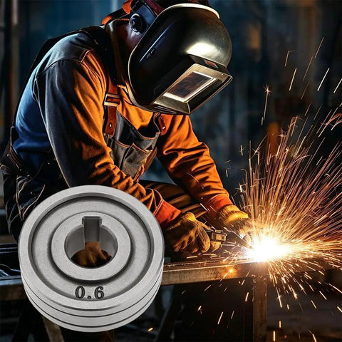 Tough As Nails Bearing Steel V Groove Drive Roller Runs Super Slick For Mig Mag Welders on a workbench with sparks flying.