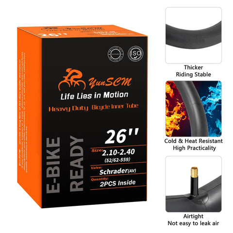 Heavy Duty 26 Inch Bicycle Inner Tubes 26x2.10 to 26x2.40 AV32mm Schrader Valve packaging with tire and valve details