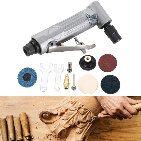 Hard As Nails Right Angle Air Die Grinder With 0.3 Hp Motor And Twenty Thousand Rpm Variable Speed Control For Seamless Metal Polish And Auto Body Grind Jobs and accessories.