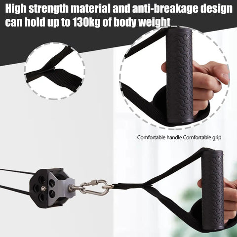 Close-up of Badass Wall Mounted Flywheel Trainer Featuring Adjustable Resistance Belt for Home Gym, showing durable grip handle.