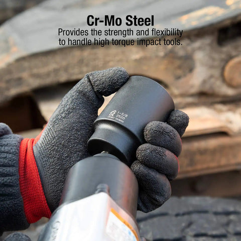 Gloved hand holding One Half Inch Drive Deep Reach Impact Socket One And Five Eighths Inch Size Heavy Duty CRMO Steel Radius Corner Design