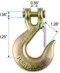 Three Eighths Inch Clevis Slip Hook With Latch Grade 70 Forged Steel 18,000 Lbs Capacity showing dimensions and safety latch
