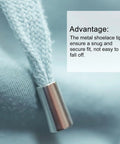 Close-up of Heavy Duty Metal Shoelace Aglets 40 Pack Silver Copper Lace Tips for sneaker repair, showing a snug fit on shoelace.