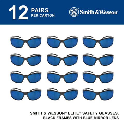 Elite Safety Glasses With Blue Mirror Lenses Black Frame ANSI Z87.1 Rated Outdoor Sunglasses For Eye Protection Built For All Day Comfort Smoke Tint 12 Pairs Per Case displayed in grid layout