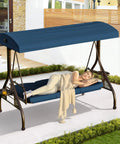 Three-Seat Outdoor Porch Swing With Adjustable Canopy And Stand, 800-Lb Capacity, 3-In-1 Convertible Swing Bed For Patio, Cozy Round Tube Frame, Blue, woman lounging outdoors