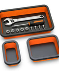 Heavy Duty Foldable Magnetic Parts Organizer With Three Silicone Trays For Bolts Nuts Washers And Small Tools Space Saving Collapsible Design With Strong Magnets And Scratch Resistant Trays, showing trays with tools and fasteners.