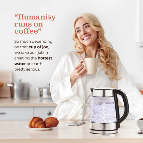 Woman in kitchen using Fast Boil Electric Kettle For Coffee And Tea 1.7L Water Boiler 1500W Borosilicate Glass Easy Clean
