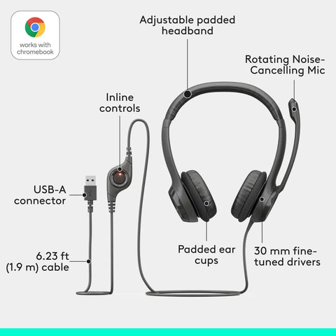 H390 Wired Headset With Noise Cancelling Mic For PC And Chromebook, USB A Stereo Headphones With Inline Controls, headphone features