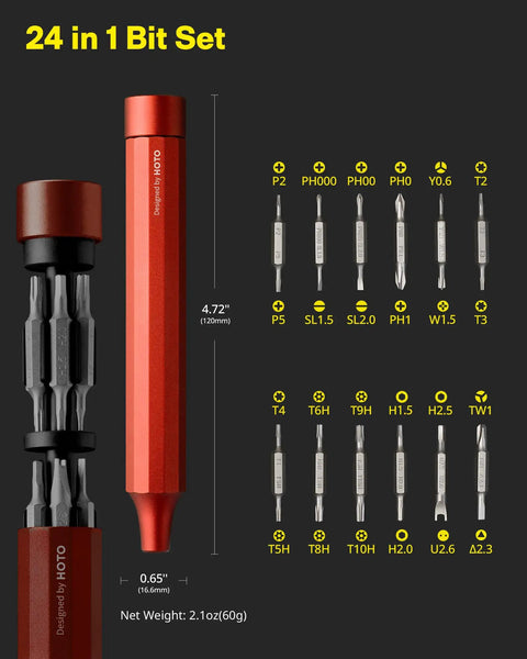 Slick 24-In-1 Mini Screwdriver Set with Eyeglass Repair Kit and Precision Bits for Tiny Screws Perfect Pocket Sidekick for Daily Chores and Road Trips in Sleek Cinnabar Red Finish, showing bits and tool size.
