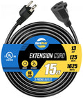 Heavy Duty 15 Ft Extension Cord Built Damn Tough With 3 Prong Grounded Plug 16 AWG Weather Resistant Outdoor Power Cable For Shop Tools And Gear Flame Retardant Flexible Black with plug and socket visible.