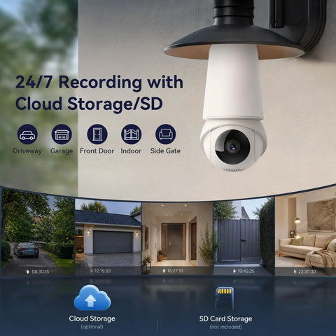 Straight Fire 2K Light Bulb Camera With Full Sweep Panning And Dead Reliable Dual Band Wifi For Home Security showing installation points for recording features.