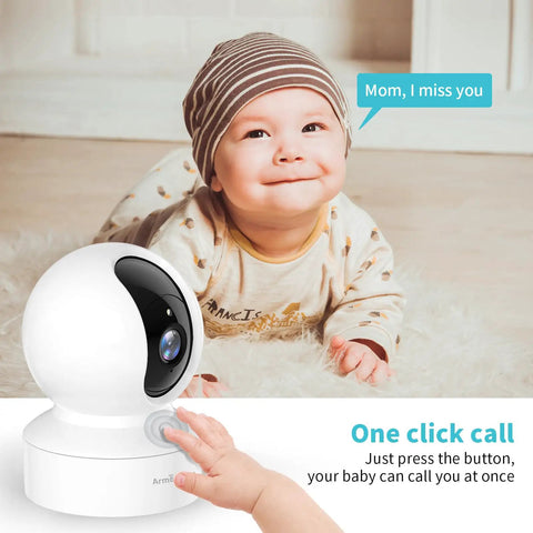 2K HD Pet Camera With 360 Degree Pan Tilt 8X Optical Zoom Night Vision Motion Tracking Alarm Cloud Or Local SD Storage One Tap Call For Baby Monitor Phone App Control Indoor Home Security Camera For Pets And Family shown with a baby in a nursery.