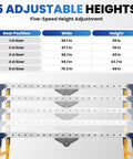 5 Adjustable Heights for Rock Solid Heavy Duty Work Bench With Adjustable Height And Folding Design 1250 Lbs Capacity, showing height measurements.